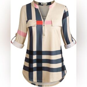 Cream Plaid Half-Zip Tunic with Pink Accent